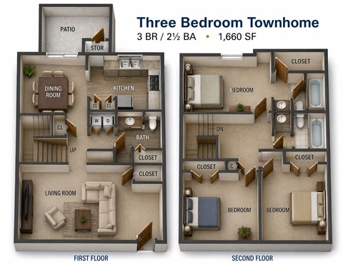 Floor plan for 3 beds, 2.5 baths, 1660 sqft